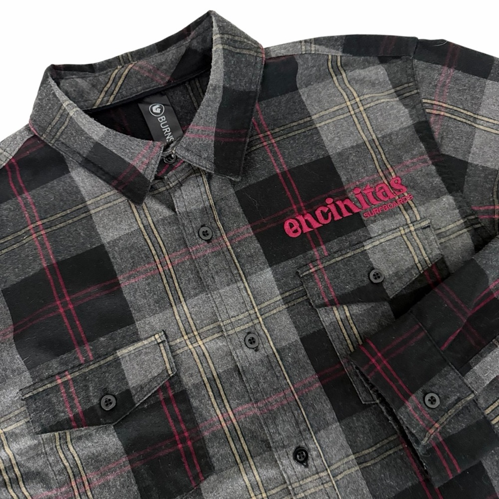 BURNSIDE Grey Plaid Encinitas Surfboards Flannel Button Up Shirt size l